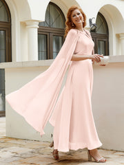Robe de A-ligne à Col en Bijou Longueur de Mollet en Mousseline Rose Perle