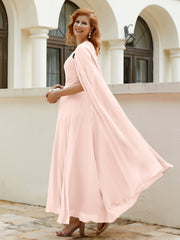 Robe de A-ligne à Col en Bijou Longueur de Mollet en Mousseline Rose Perle Grande Taille
