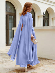 Robe de A-ligne à Col en Bijou Longueur de Mollet en Mousseline Citron Pervenche