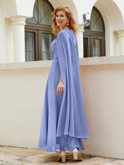 Robe de A-ligne à Col en Bijou Longueur de Mollet en Mousseline Citron Pervenche