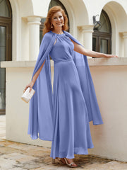 Robe de A-ligne à Col en Bijou Longueur de Mollet en Mousseline Citron Pervenche
