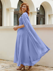 Robe de A-ligne à Col en Bijou Longueur de Mollet en Mousseline Citron Pervenche