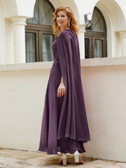 Robe de A-ligne à Col en Bijou Longueur de Mollet en Mousseline Plum Grande Taille