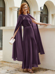 Robe de A-ligne à Col en Bijou Longueur de Mollet en Mousseline Plum