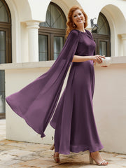 Robe de A-ligne à Col en Bijou Longueur de Mollet en Mousseline Plum