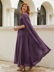 Robe de A-ligne à Col en Bijou Longueur de Mollet en Mousseline Plum