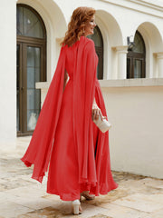 Robe de A-ligne à Col en Bijou Longueur de Mollet en Mousseline Rouge Grande Taille