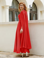 Robe de A-ligne à Col en Bijou Longueur de Mollet en Mousseline Rouge
