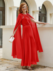 Robe de A-ligne à Col en Bijou Longueur de Mollet en Mousseline Rouge Grande Taille