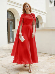 Robe de A-ligne à Col en Bijou Longueur de Mollet en Mousseline Rouge