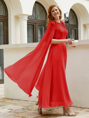 Robe de A-ligne à Col en Bijou Longueur de Mollet en Mousseline Rouge Grande Taille
