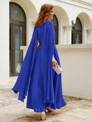 Robe de A-ligne à Col en Bijou Longueur de Mollet en Mousseline Bleu Royale