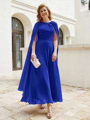 Robe de A-ligne à Col en Bijou Longueur de Mollet en Mousseline Bleu Royale