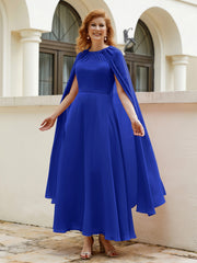 Robe de A-ligne à Col en Bijou Longueur de Mollet en Mousseline Bleu Royale