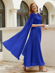 Robe de A-ligne à Col en Bijou Longueur de Mollet en Mousseline Bleu Royale