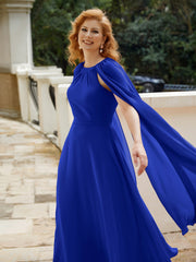 Robe de A-ligne à Col en Bijou Longueur de Mollet en Mousseline Bleu Royale