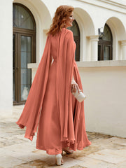Robe de A-ligne à Col en Bijou Longueur de Mollet en Mousseline Rouille