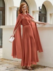 Robe de A-ligne à Col en Bijou Longueur de Mollet en Mousseline Rouille