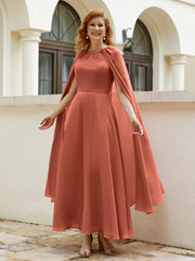 Robe de A-ligne à Col en Bijou Longueur de Mollet en Mousseline Rouille