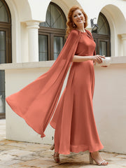 Robe de A-ligne à Col en Bijou Longueur de Mollet en Mousseline Rouille