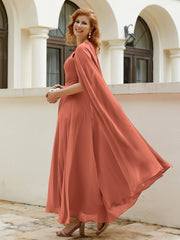 Robe de A-ligne à Col en Bijou Longueur de Mollet en Mousseline Rouille