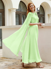 Robe de A-ligne à Col en Bijou Longueur de Mollet en Mousseline Sauge Grande Taille