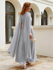 Robe de A-ligne à Col en Bijou Longueur de Mollet en Mousseline Argent