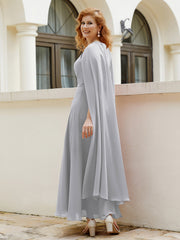 Robe de A-ligne à Col en Bijou Longueur de Mollet en Mousseline Argent Grande Taille