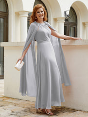 Robe de A-ligne à Col en Bijou Longueur de Mollet en Mousseline Argent