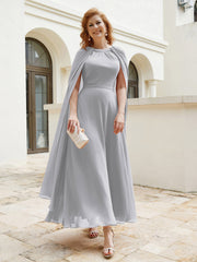Robe de A-ligne à Col en Bijou Longueur de Mollet en Mousseline Argent Grande Taille