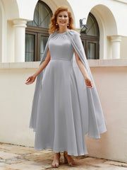 Robe de A-ligne à Col en Bijou Longueur de Mollet en Mousseline Argent Grande Taille