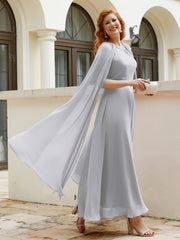 Robe de A-ligne à Col en Bijou Longueur de Mollet en Mousseline Argent Grande Taille
