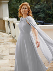 Robe de A-ligne à Col en Bijou Longueur de Mollet en Mousseline Argent