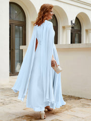 Robe de A-ligne à Col en Bijou Longueur de Mollet en Mousseline Bleu Ciel