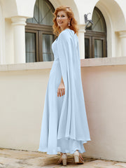 Robe de A-ligne à Col en Bijou Longueur de Mollet en Mousseline Bleu Ciel