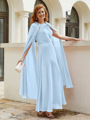 Robe de A-ligne à Col en Bijou Longueur de Mollet en Mousseline Bleu Ciel