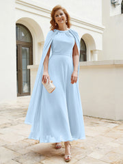Robe de A-ligne à Col en Bijou Longueur de Mollet en Mousseline Bleu Ciel