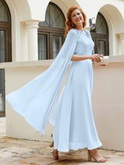 Robe de A-ligne à Col en Bijou Longueur de Mollet en Mousseline Bleu Ciel