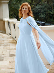 Robe de A-ligne à Col en Bijou Longueur de Mollet en Mousseline Bleu Ciel