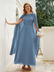 Robe de A-ligne à Col en Bijou Longueur de Mollet en Mousseline Bleu de Schiste Grande Taille
