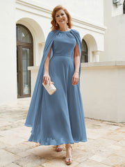 Robe de A-ligne à Col en Bijou Longueur de Mollet en Mousseline Bleu de Schiste Grande Taille