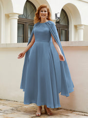 Robe de A-ligne à Col en Bijou Longueur de Mollet en Mousseline Bleu de Schiste Grande Taille