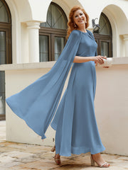 Robe de A-ligne à Col en Bijou Longueur de Mollet en Mousseline Bleu de Schiste Grande Taille