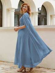Robe de A-ligne à Col en Bijou Longueur de Mollet en Mousseline Bleu de Schiste