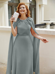 Robe de A-ligne à Col en Bijou Longueur de Mollet en Mousseline Gris Acier