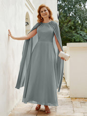 Robe de A-ligne à Col en Bijou Longueur de Mollet en Mousseline Gris Acier