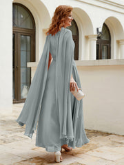 Robe de A-ligne à Col en Bijou Longueur de Mollet en Mousseline Gris Acier
