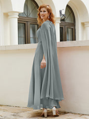 Robe de A-ligne à Col en Bijou Longueur de Mollet en Mousseline Gris Acier