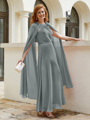 Robe de A-ligne à Col en Bijou Longueur de Mollet en Mousseline Gris Acier