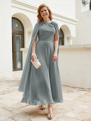 Robe de A-ligne à Col en Bijou Longueur de Mollet en Mousseline Gris Acier